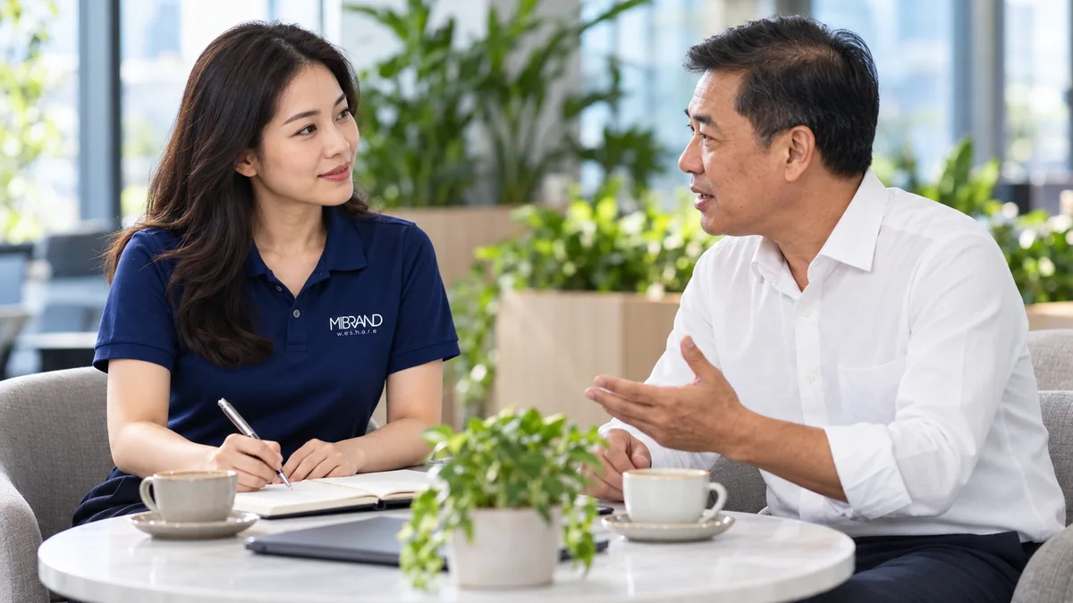 Chuyên gia Mibrand trò chuyện cùng chủ doanh nghiệp trong buổi trao đổi đầu tiên