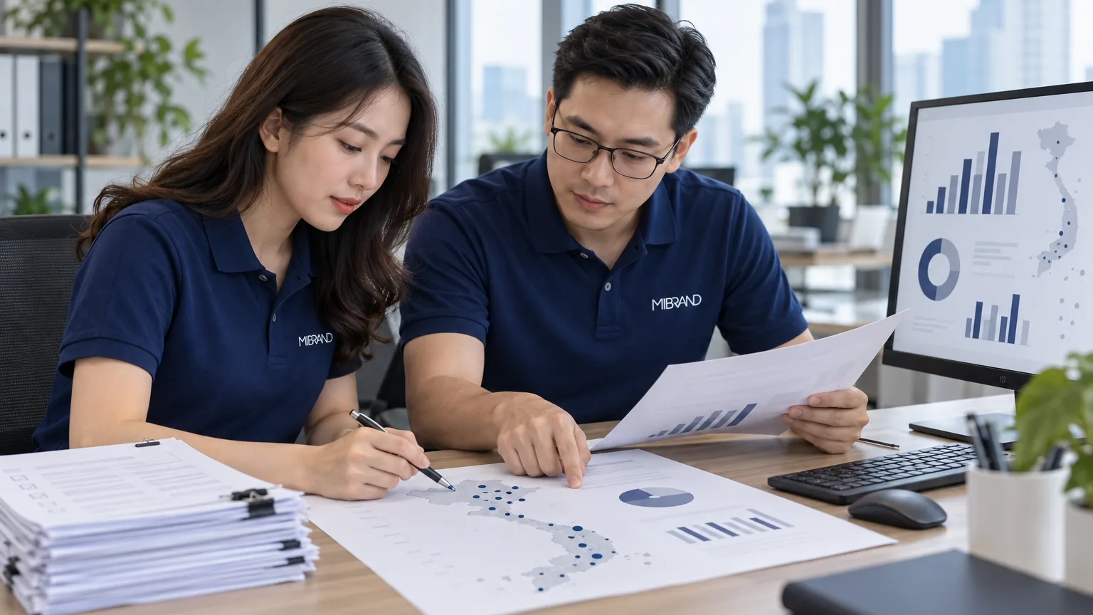 Chuyên viên Mibrand cùng xem số liệu khảo sát và bản đồ điểm khảo sát